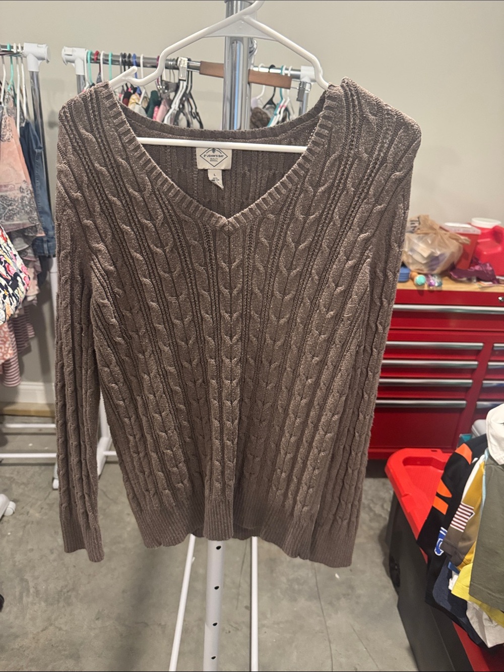 St. John's Bay Women's Cable-Knit V-Neck Sweater in Taupe